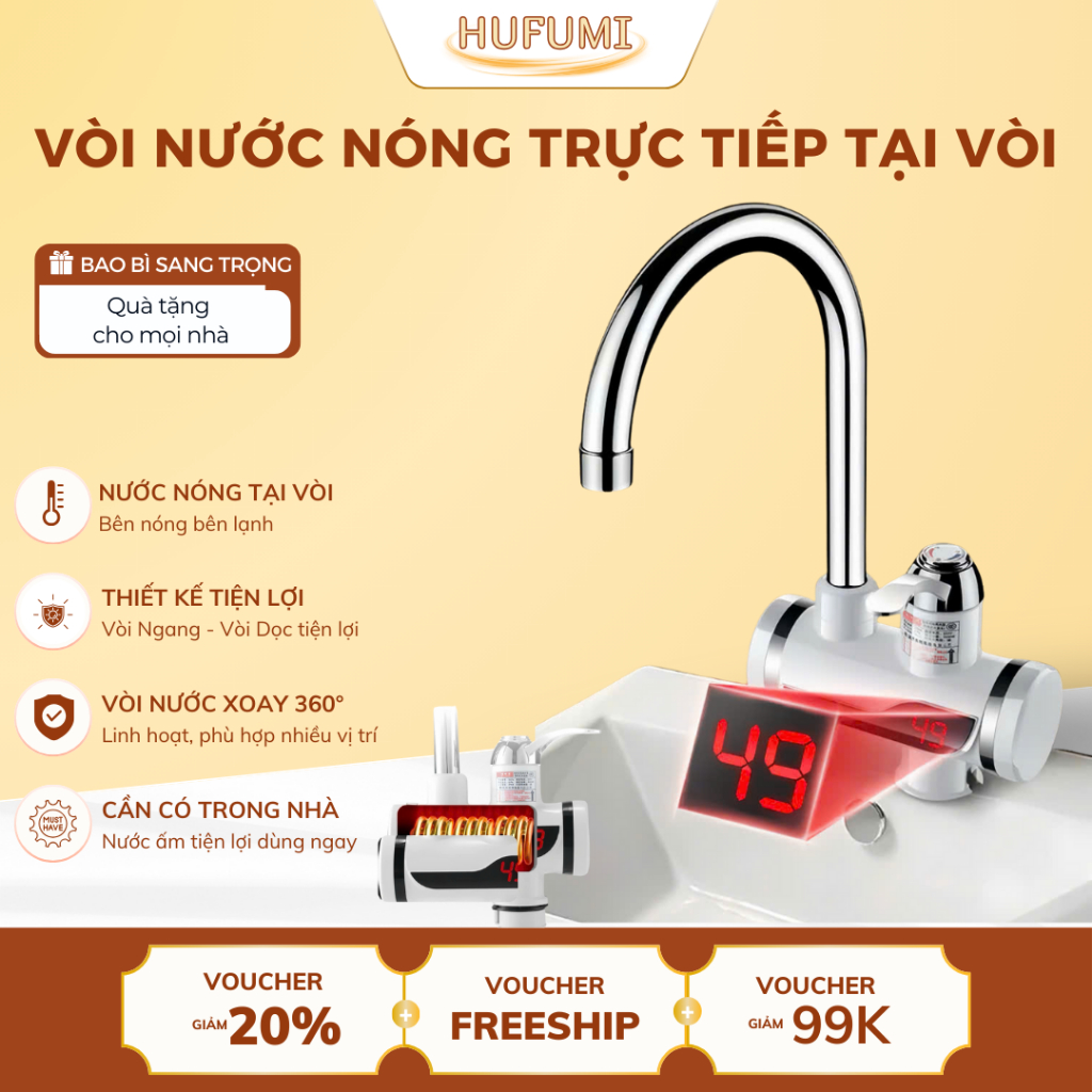 [Cao Cấp] Vòi Nước Nóng Lạnh Trực Tiếp Gắn Tường Gắn Chậu Rửa Bát, Nhiệt Độ Ổn Định, Máy Làm Nóng Nư