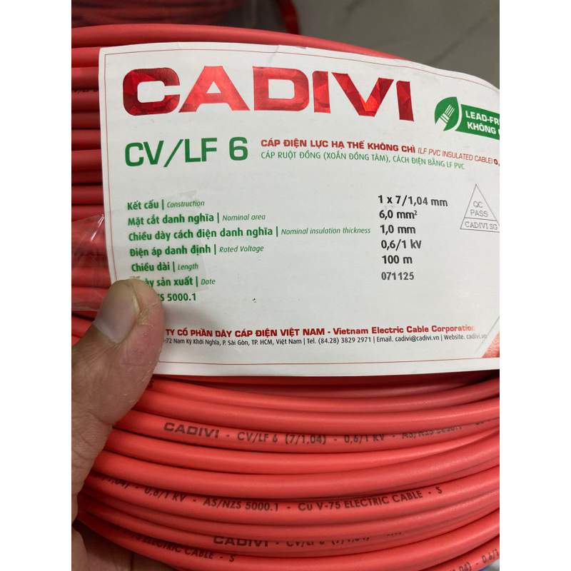 (giá 1 mét) dây điện Cadivi 6.0 đơn 7 sợi lõi đồng CV6.0 đủ các màu