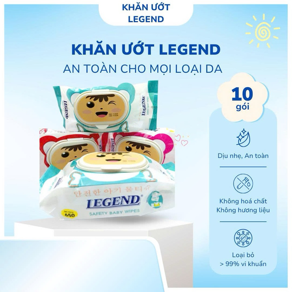 (Thùng giấy)Khăn ướt Baby Legend .Thùng 10 gói 350-450gr không mùi ,không cồn an toàn cho bé