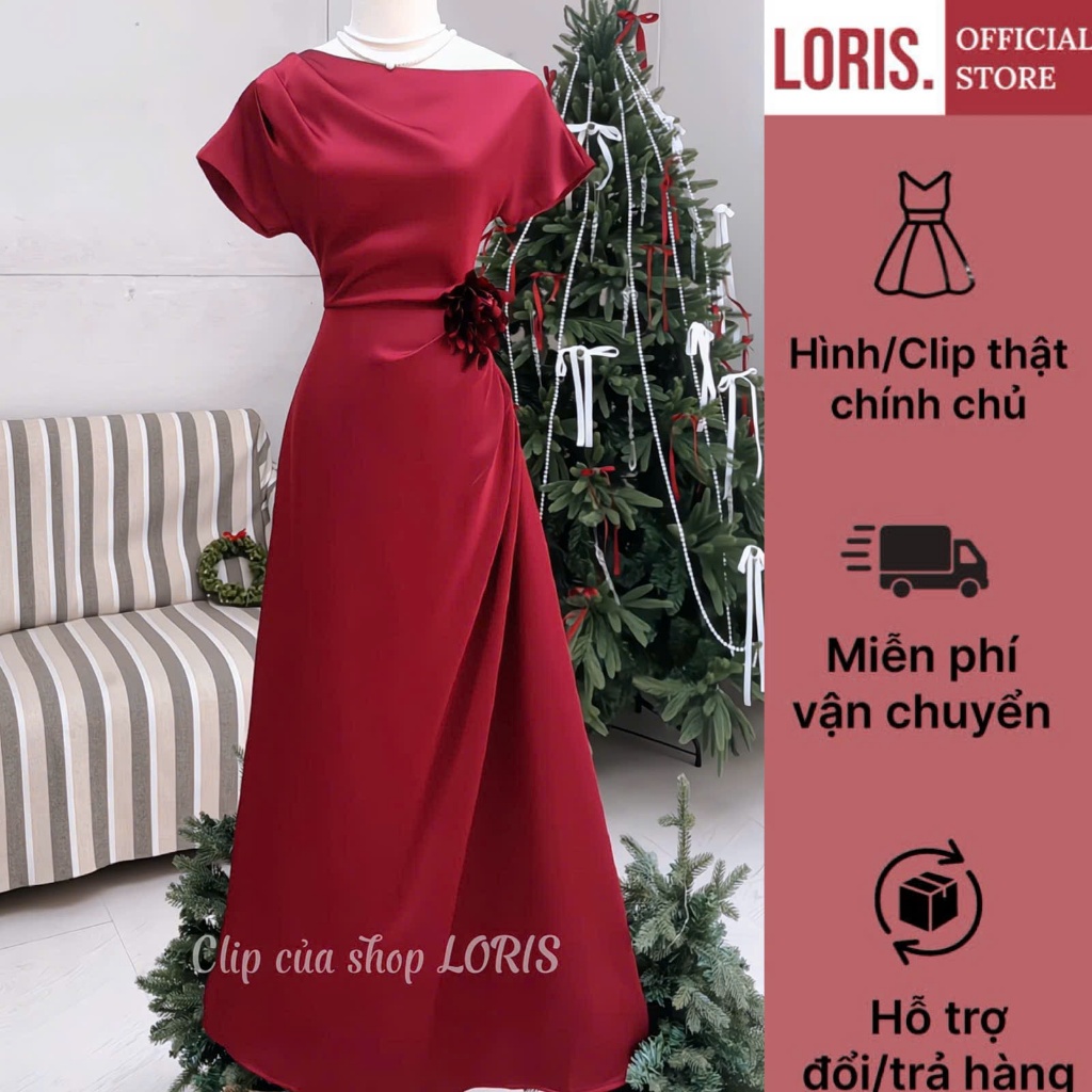 LORIS - Cherry dress , Đầm lụa trễ vai dáng dài