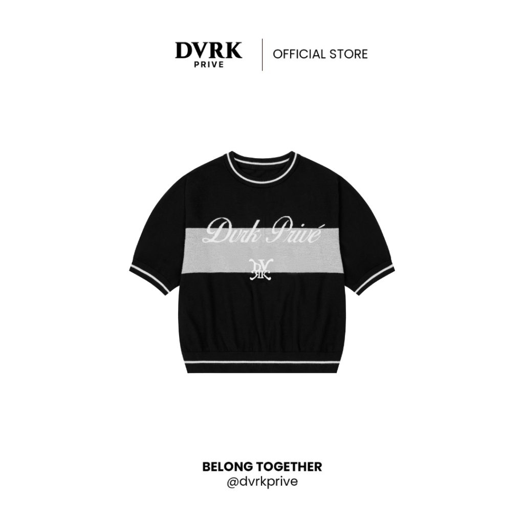 Áo Thun Nữ Tay Ngắn Cổ Tròn Dệt Kim Màu Đen PRIVÉ BAR LOGO-DVRK-25PF