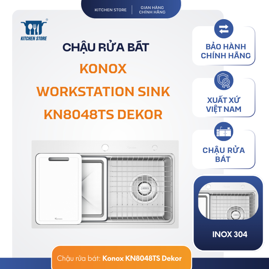 hậu rửa bát 1 hố chống xước Workstation Sink Konox KN8048TS Dekor – Inox 304, kèm phụ kiện – Kitchen