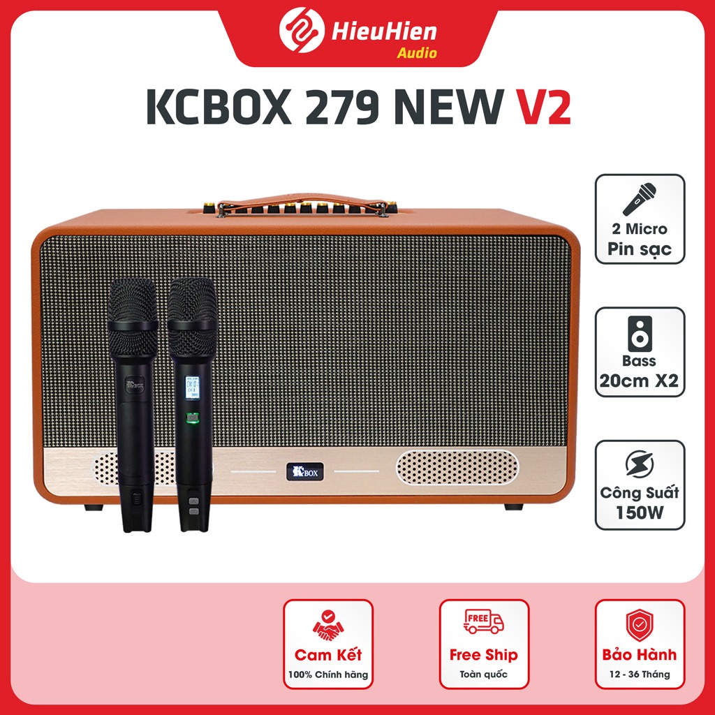 Loa karaoke KCBOX 279 New V2 - Bass đôi 20cm 150W, 2 Micro pin sạc nâng cấp, Bảo hành 12 tháng