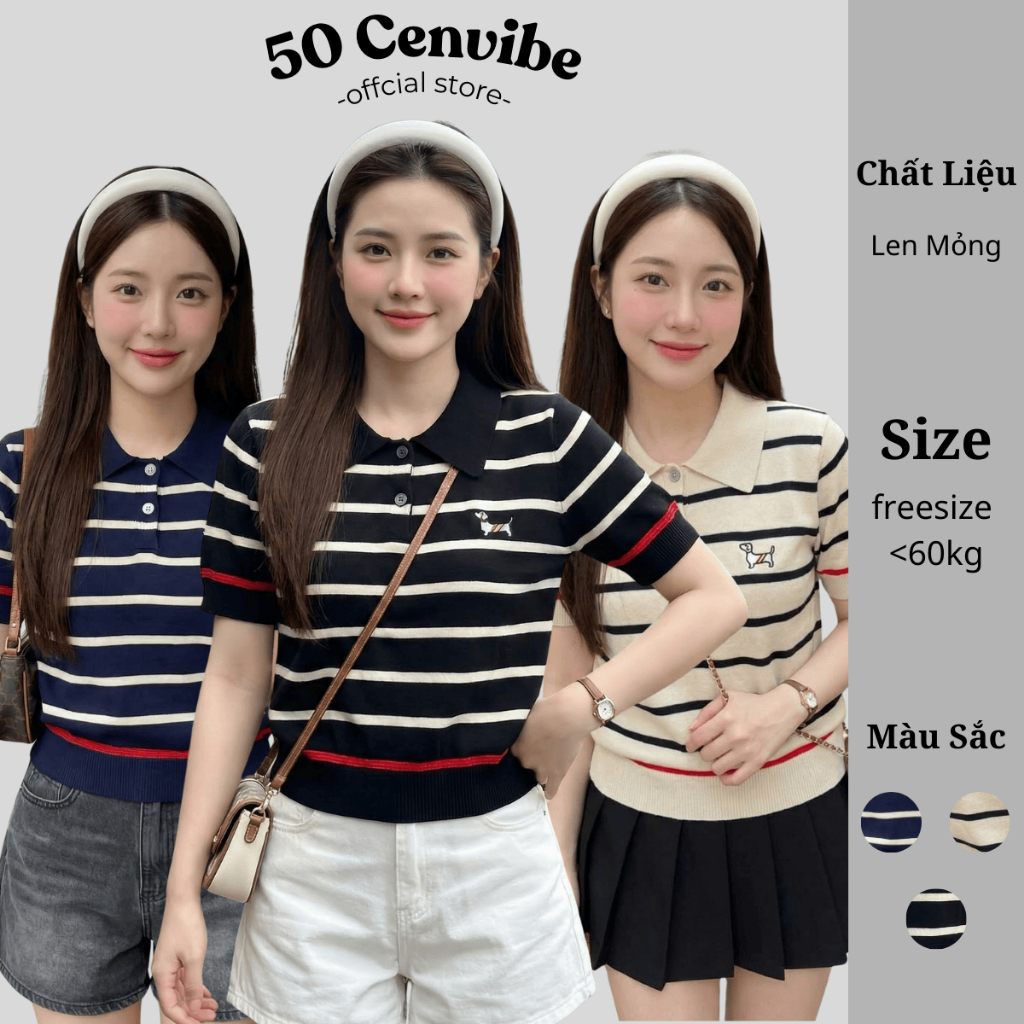 Áo Polo Nữ Cộc Tay Kẻ Sọc Basic Thêu Cún Chất Len Thoáng Mát Phong Cách Korea (50 Cenvibe.Clothing) 