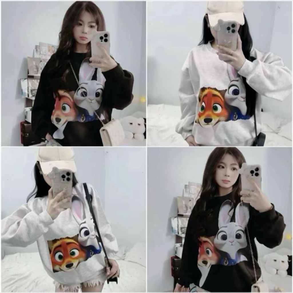 Áo nỉ sweater cổ tròn áo cáo và thỏ cảnh sát hottrend hình in sắc nét