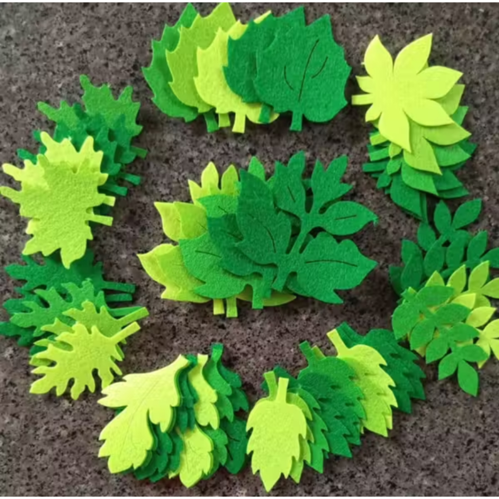 Lá vải nỉ (50-100 lá) dập sẵn 2 màu xanh trang trí mầm non