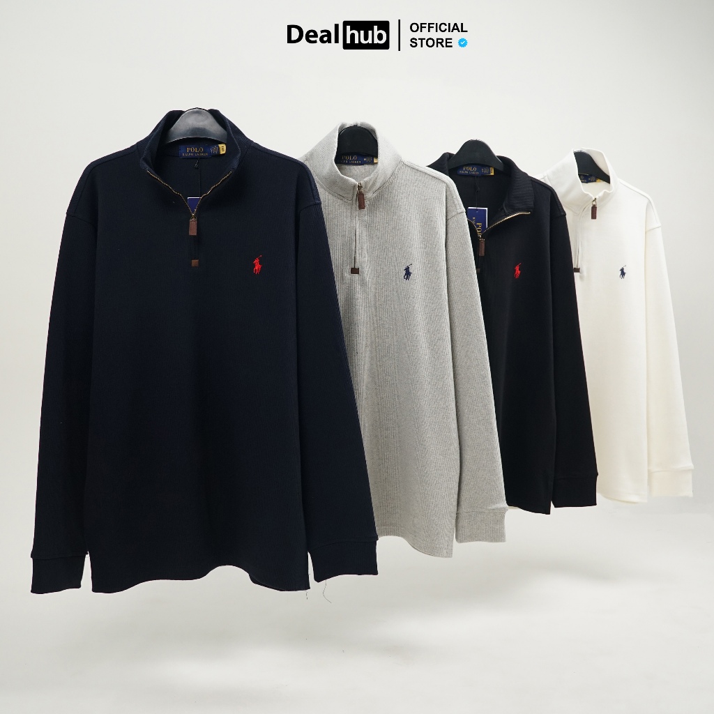 Áo Half Zip Sweater Quarter Zip Ralph Lauren Cổ Bẻ Thêu Ngựa Dây Kéo Đồng Vải Nhung Tăm Form Âu Regu