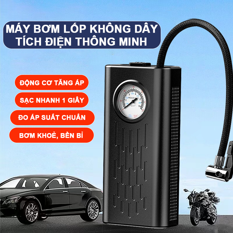 Máy Bơm Lốp Ô Tô, Xe Máy Cầm Tay Không Dây Thông Minh Bơm Nhanh, Dùng Đa Năng Cho Mọi Loại Xe, Tích Hợp Sạc Nhanh
