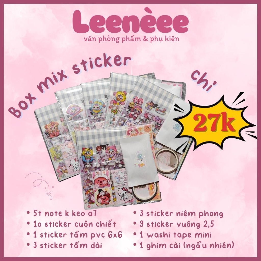 Box mix sticker niêm phong, cuộn chiết, sticker dài, washi tape, note..