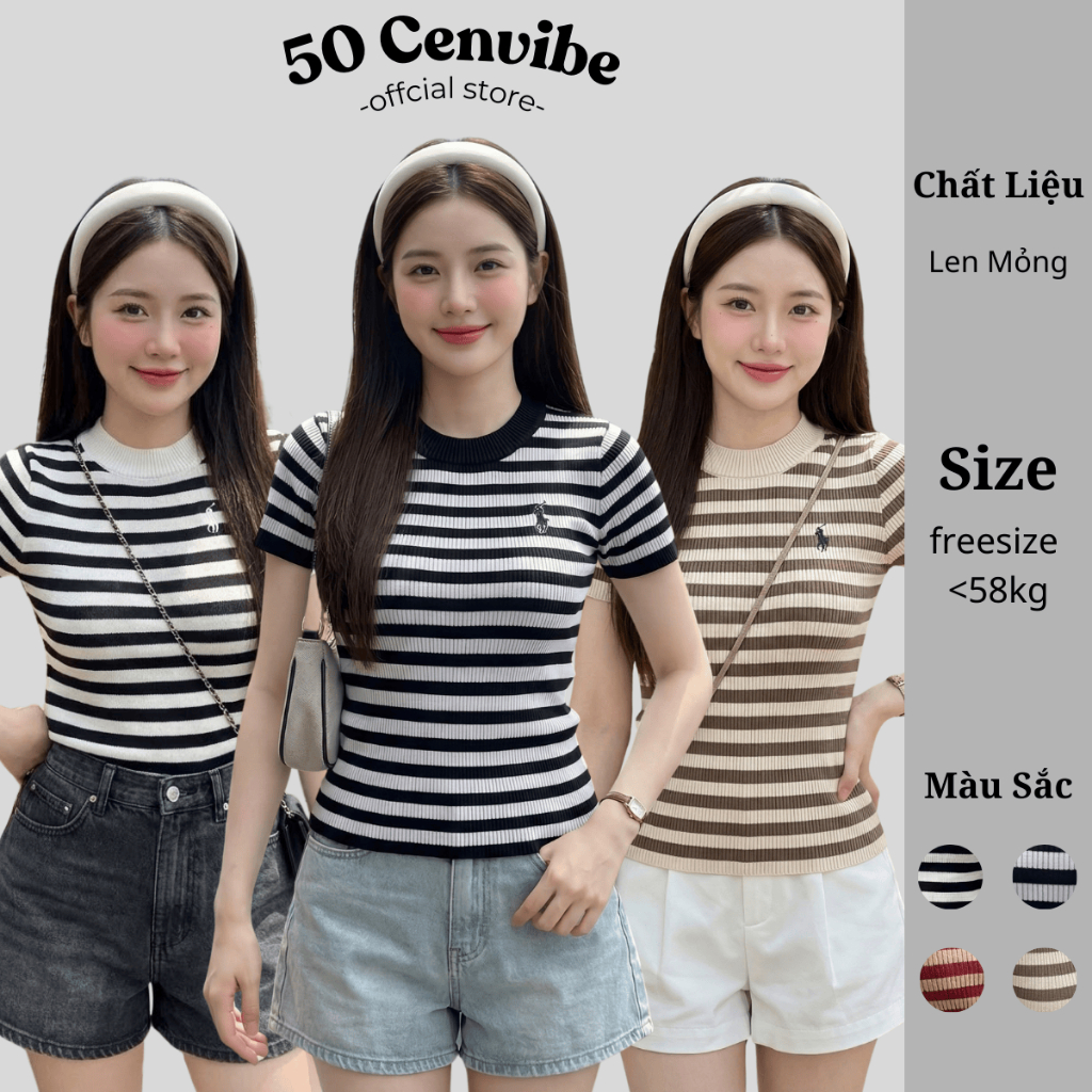 Áo Thun Nữ Cộc Tay, Dáng Croptop Chất Len Mỏng Sọc Ngang Thêu Ngựa, Co Giãn, Thoáng Mát (50 Cenvibe.