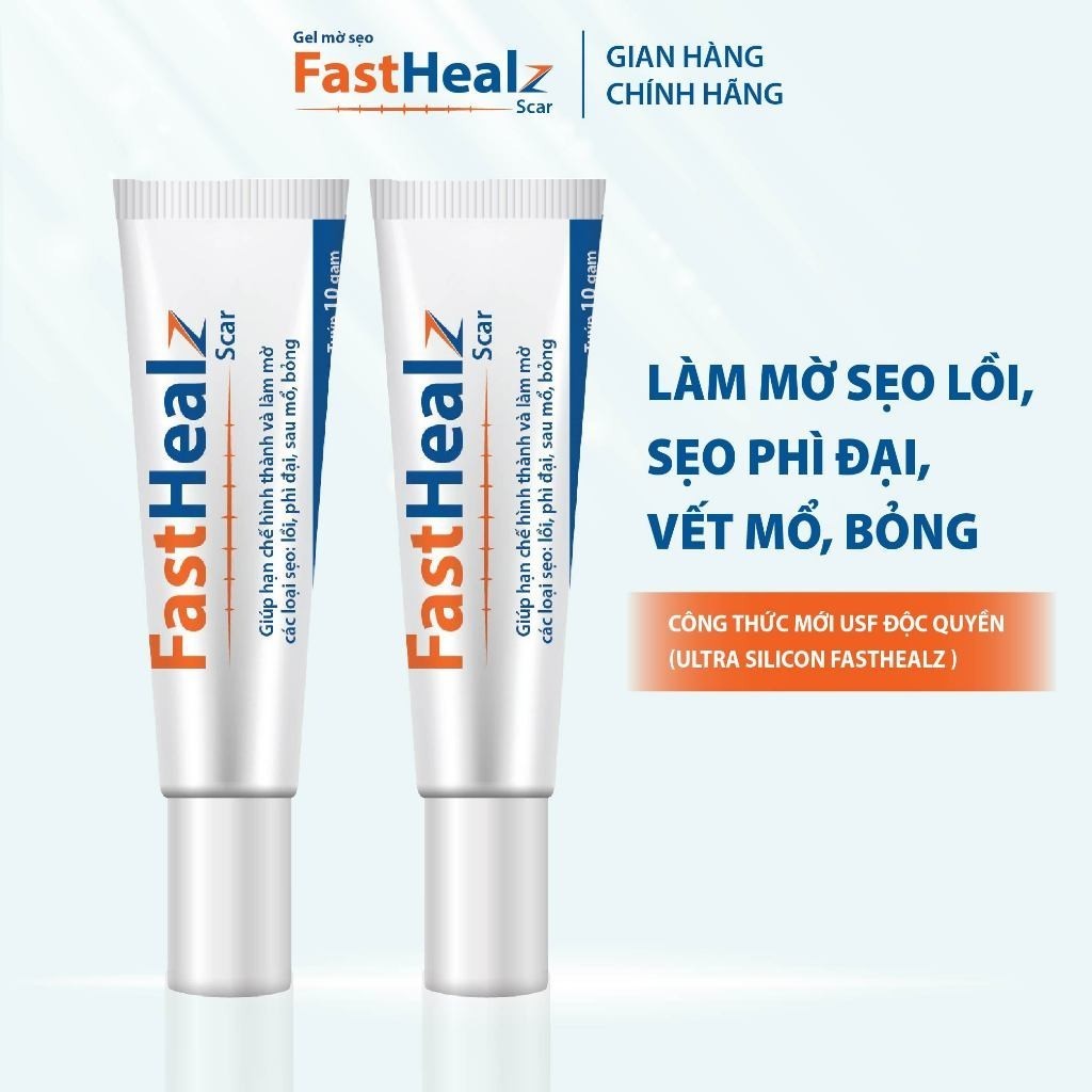 Gel mờ sẹo FastHealz Scar làm mờ sẹo lồi, sẹo lõm, sẹo đỏ, vết mổ, bỏng (Tuýp 10g)