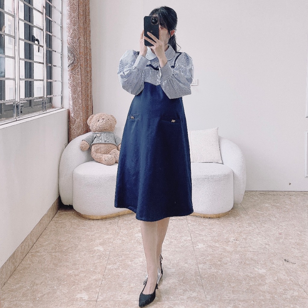 Váy bầu công sở Myla thiết kế dáng xuông phối tay kẻ cổ sen