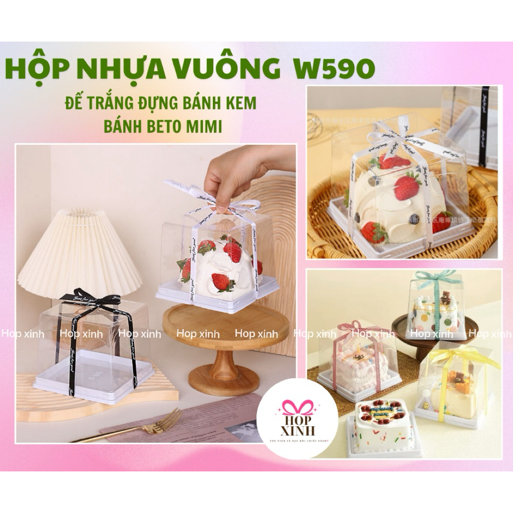 [50 Hộp] Nhựa Vuông W590 Đựng Bánh Kem Bento Mini | Hộp Trong Suốt Cao Cấp | Hộp Xinh