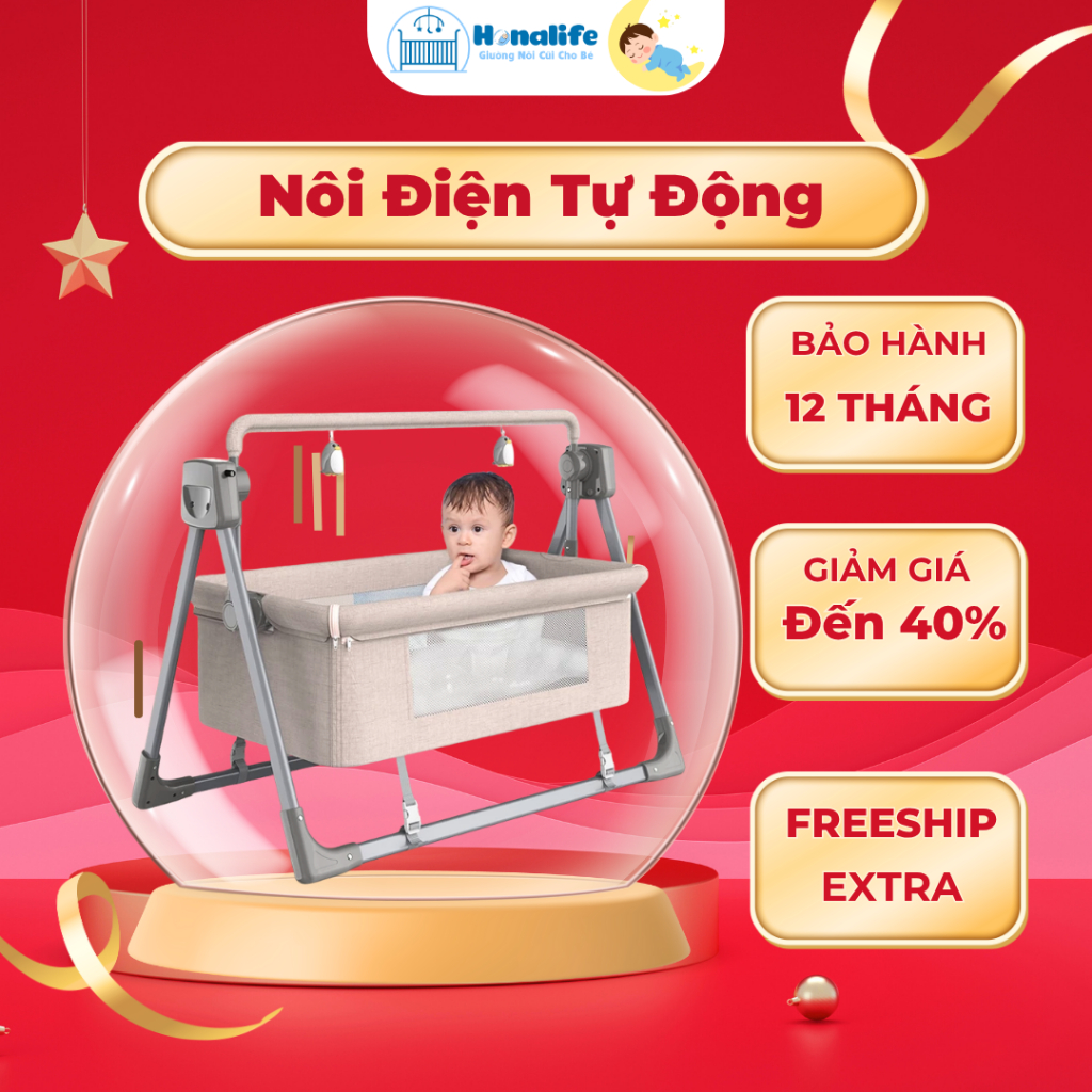 [Sẵn Hàng] Nôi Điện Cho Bé, Nôi Rung Nhiều Chế Độ Hẹn Giờ, Gấp Gọn tiện Lợi