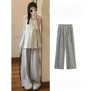  Quần Nữ Kẻ Sọc Ống Rộng Cạp Chun Lưng Cao Dáng Đẹp Phong Cách Hàn Quốc 