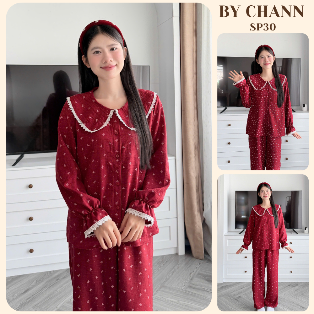 Bộ Ngủ BY CHANN (SP30) hoạ tiết nhí phối viền nơ, áo dài quần dài, chất liệu đũi mềm (có bigsize 80k