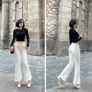  Form cạp trễ  Quần jean ống loe màu trắng co giãn đính ren xinh xắn JEAN ZY 