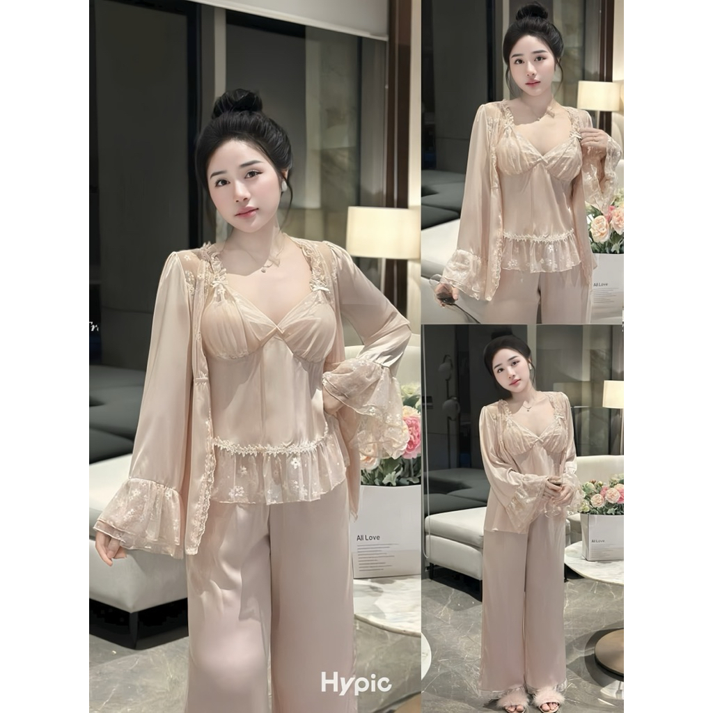 #TP12 Set 3 Món Đồ Ngủ, Đồ Mặc Nhà Lụa Phối Lưới Hoạ Tiết Hoa Tiểu Thư