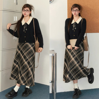   BIGSIZE L-4XL  Set Áo Váy Len Bigsize Nữ Dài Tay Cổ Bẻ Phối Chân Váy Dài Thanh Lịch Trẻ Trung 
