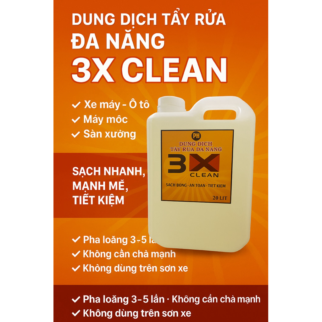 Nước tẩy rửa công nghiệp 3X CLEAN 20L | Đánh bay dầu nhớt, mỡ bẩn xe máy – ô tô