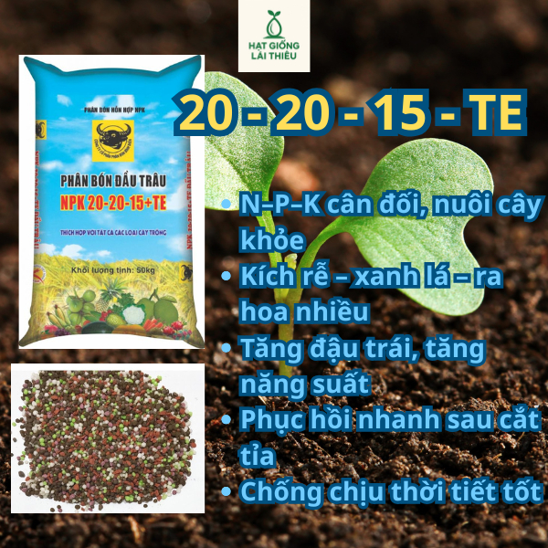 [Cam Kết Chính Hãng]0.5-1-2-3Kg Phân NPK 20-20-15+TE Đầu Trâu Cao Cấp, Cân đối - Nuôi Cây Khỏe