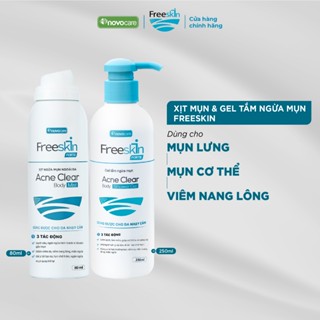    LIVE   Xịt mụn lưng & Gel tắm ngừa mụn Novocare-Freeskin Forte hỗ trợ giảm mụn mờ thâm dưỡng sáng da sau mụn 