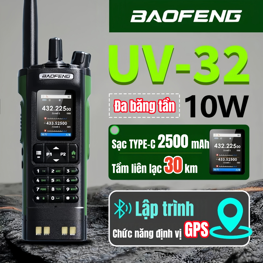 Máy Bộ Đàm BaoFeng UV32 Pin Khủng 3800mAh Phát Sóng 30KM Chống Nước IP67 999Kênh APP Điều Chỉnh Blue