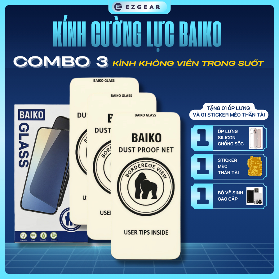 [ TẶNG ỐP + MÈO THẦN TÀI] COMBO 3 Kính cường lực Baiko KHÔNG VIỀN ĐEN trong suốt 4K cho IP 15/16/17 