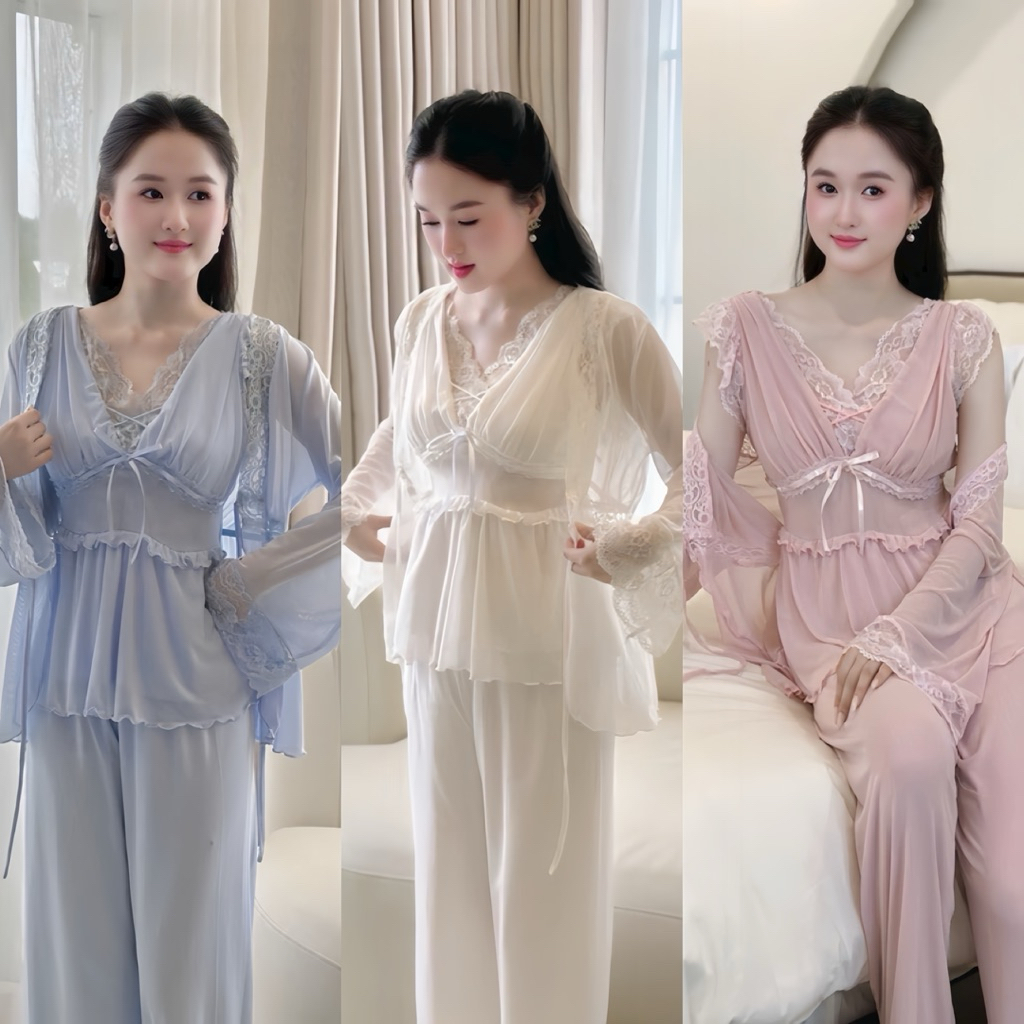 #83 EMMA Set Đồ Ngủ, Đồ Mặc Nhà 3 Món Lưới Tay Cánh Tiên Kèm Áo Khoác Phối Ren Mềm Cao Cấp