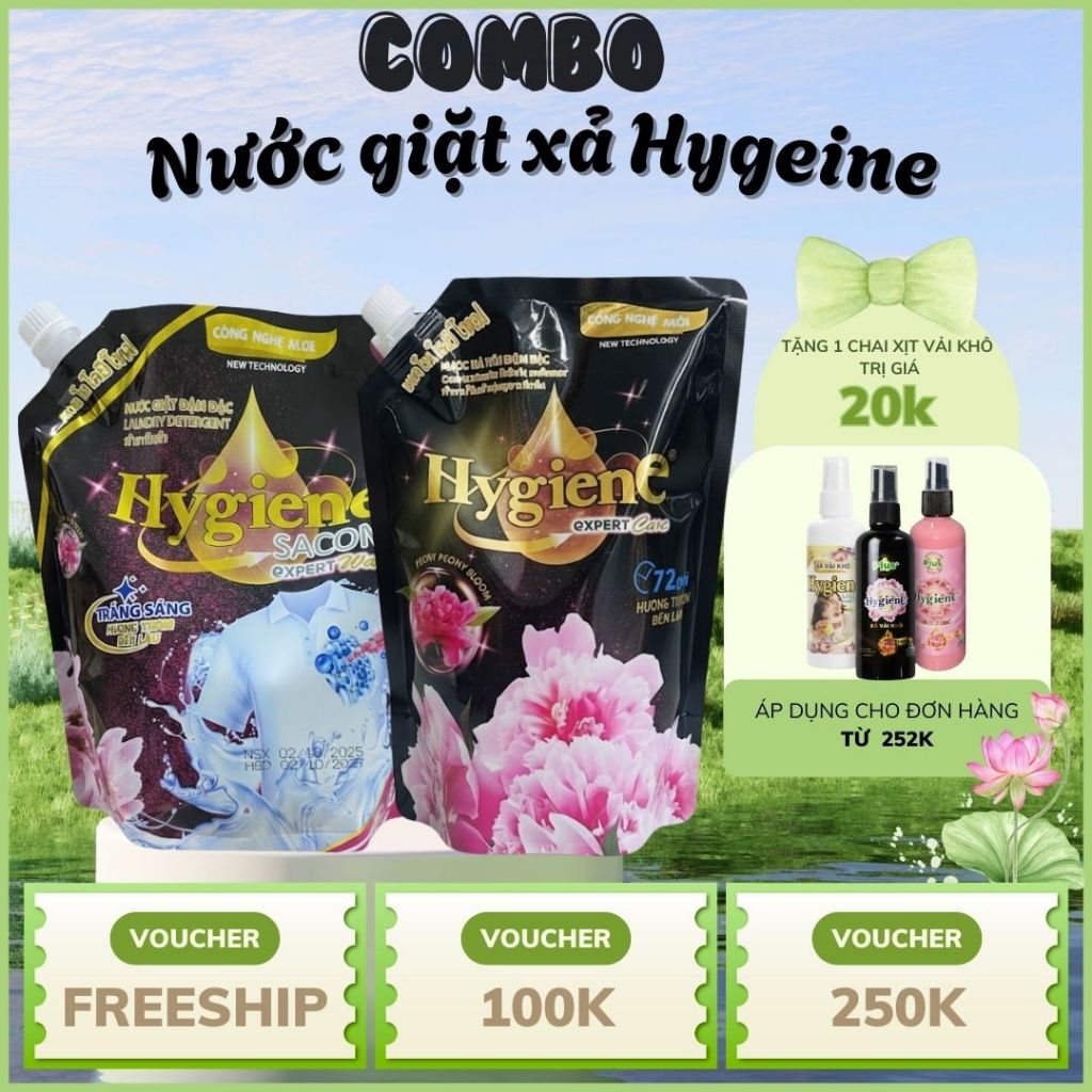 COMBO 2 Túi Nước Giặt Xả Vải Hygiene Đen - Thể Tích Nước Giặt 1800ML Và Nước Xả 1150ML