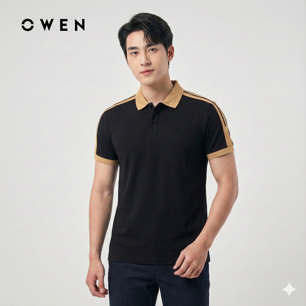 OWEN - Áo Polo Nam Owen Phối Kẻ Tay Màu Đen 231377 - Form Bodyfit - Hàng chính hãng