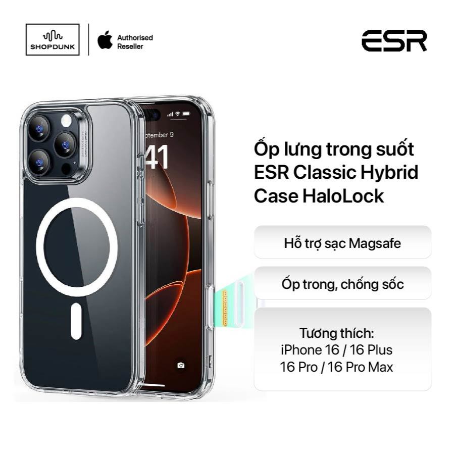 Ốp lưng trong suốt ESR Classic Hybrid Case HaloLock cho iPhone 16/ 16 Plus/ 16 Pro/ 16 Pro Max