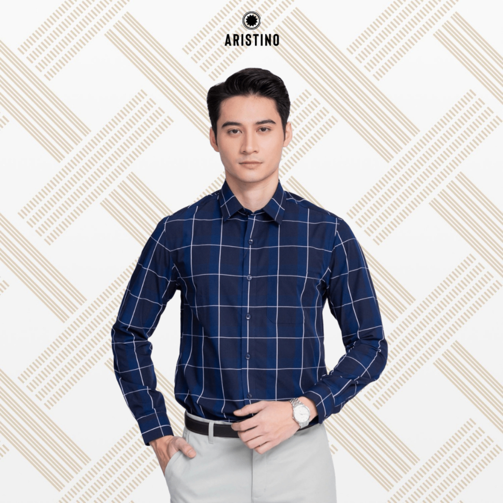 Áo sơ mi nam dài tay ARISTINO dáng Regular Fit, màu xanh than kẻ trắng nhã nhặn, thanh lịch ALS15002