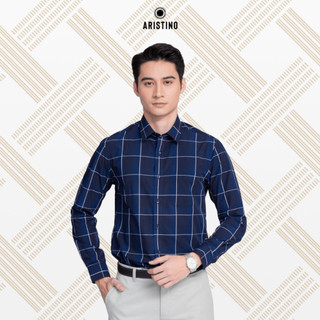  Áo sơ mi nam dài tay ARISTINO dáng Regular Fit màu xanh than kẻ trắng nhã nhặn thanh lịch ALS15002 