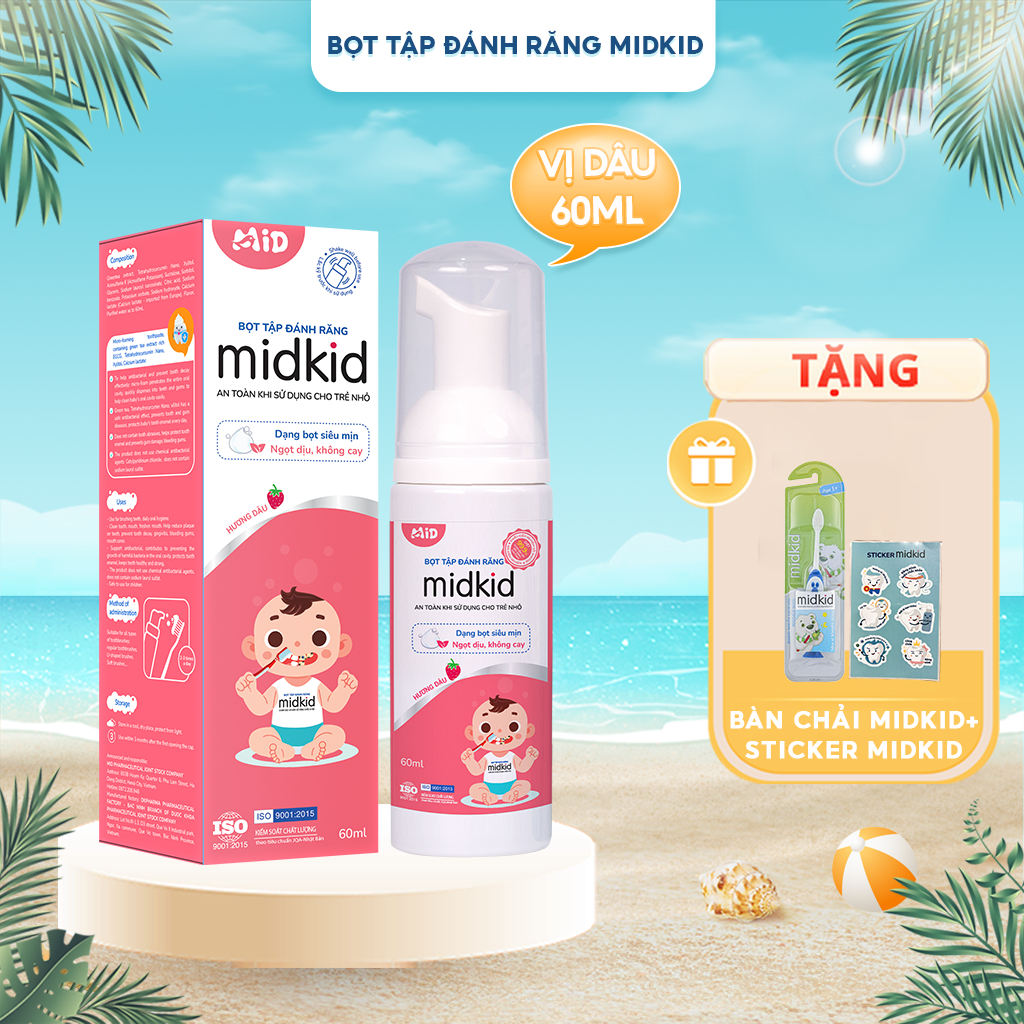 Bọt tập đánh răng Midkid vị Dâu 60ml ngọt thơm cho bé từ 1 tuổi, bọt mịn tan nhanh không cay không Fluoride nuốt an toàn