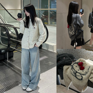   Steezy  Áo khoác cardigan len lông cừu dày thêu xù HELLO KITTY nơ đỏ form rộng áo khoác len nữ dài tay thu đông KC5533 