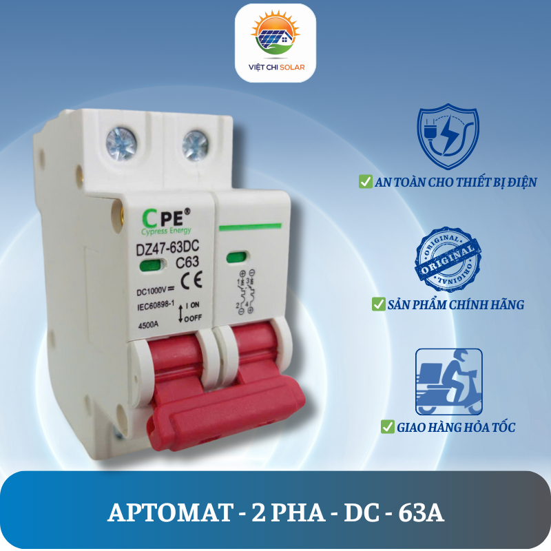 Aptomat DC Chính Hãng 63A | Dùng Cho Điện Mặt Trời & Pin Lưu Trữ