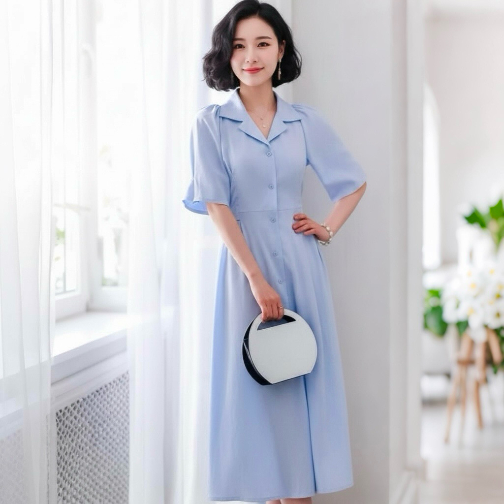 Đầm sơ mi xanh biển dáng dài mặc đi làm đi chơi đều xinh (kèm hình thật)