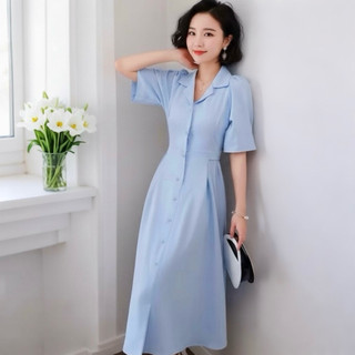 Đầm sơ mi xanh biển dáng dài mặc đi làm đi chơi đều xinh (kèm hình thật)