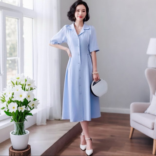 Đầm sơ mi xanh biển dáng dài mặc đi làm đi chơi đều xinh (kèm hình thật)