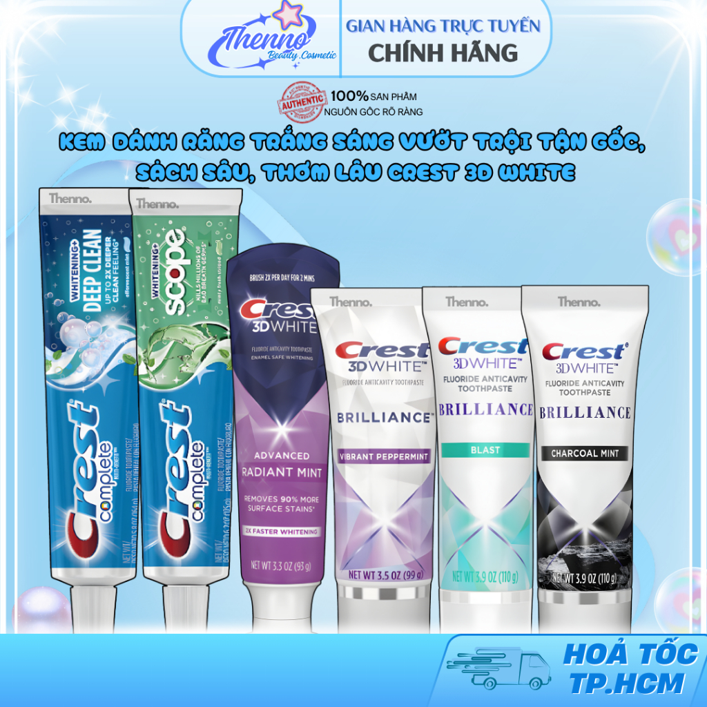 Kem Đánh Răng Trắng Sáng Vượt Trội Tận Gốc, Sạch sâu, Thơm Lâu Crest 3D White/Plus 93g/107g/153g Nhậ