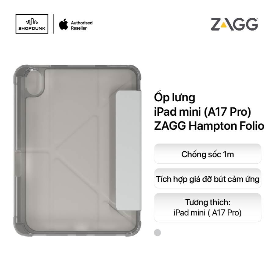 Ốp lưng iPad mini (A17 Pro) - ZAGG Hampton Folio - Light Gray - Chính hãng