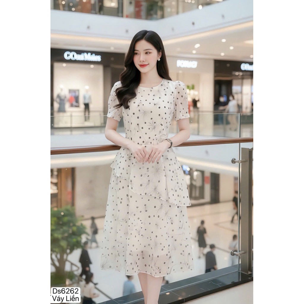 ds6262 Váy thiết kế tơ Hàn điểm hoa chấm bi tiểu thư, chính hãng DVC cao cấp