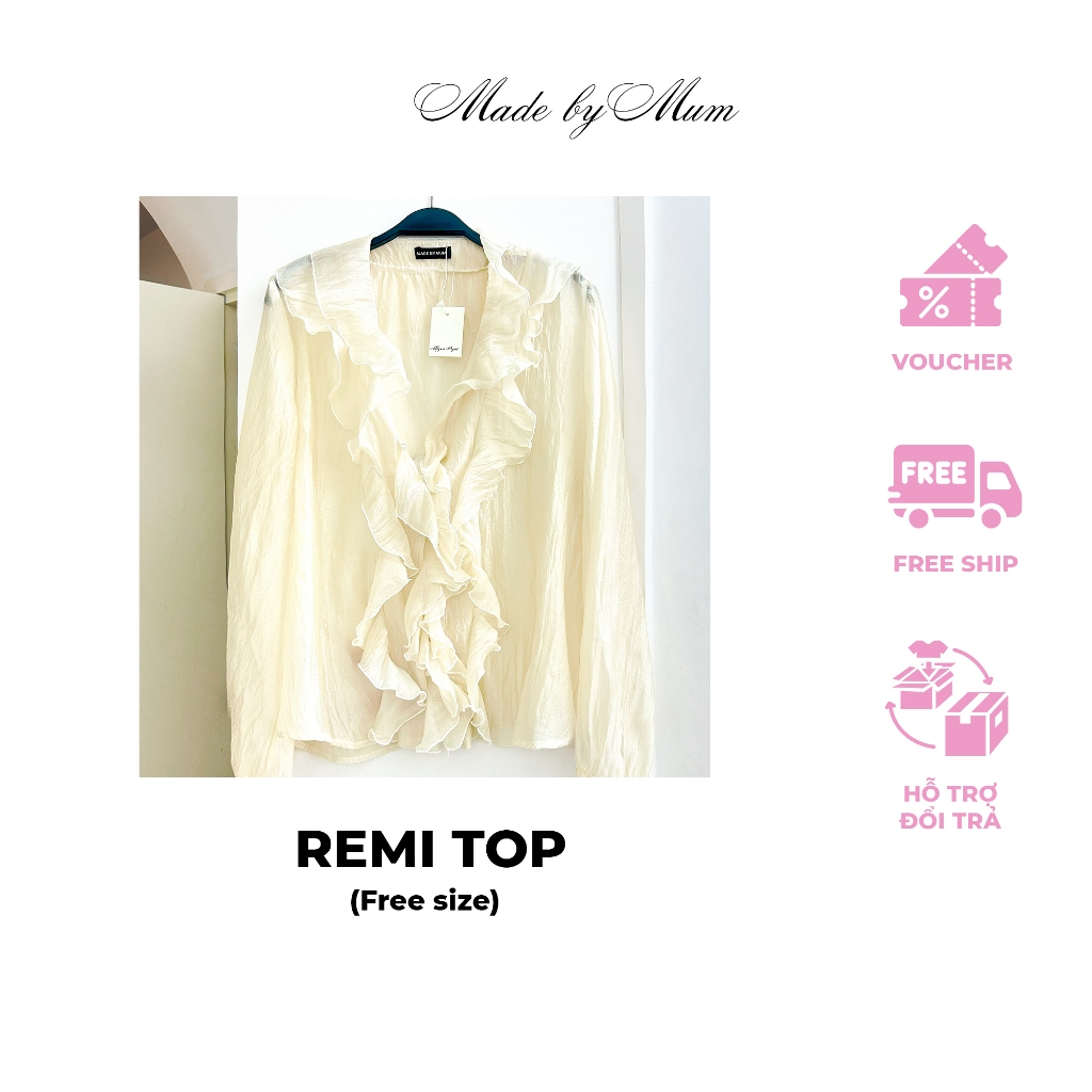 MADE BY MUM -  Remi Top Áo Kiểu  Bèo Dún Ngực Thời Trang Thanh Lịch Màu Kem
