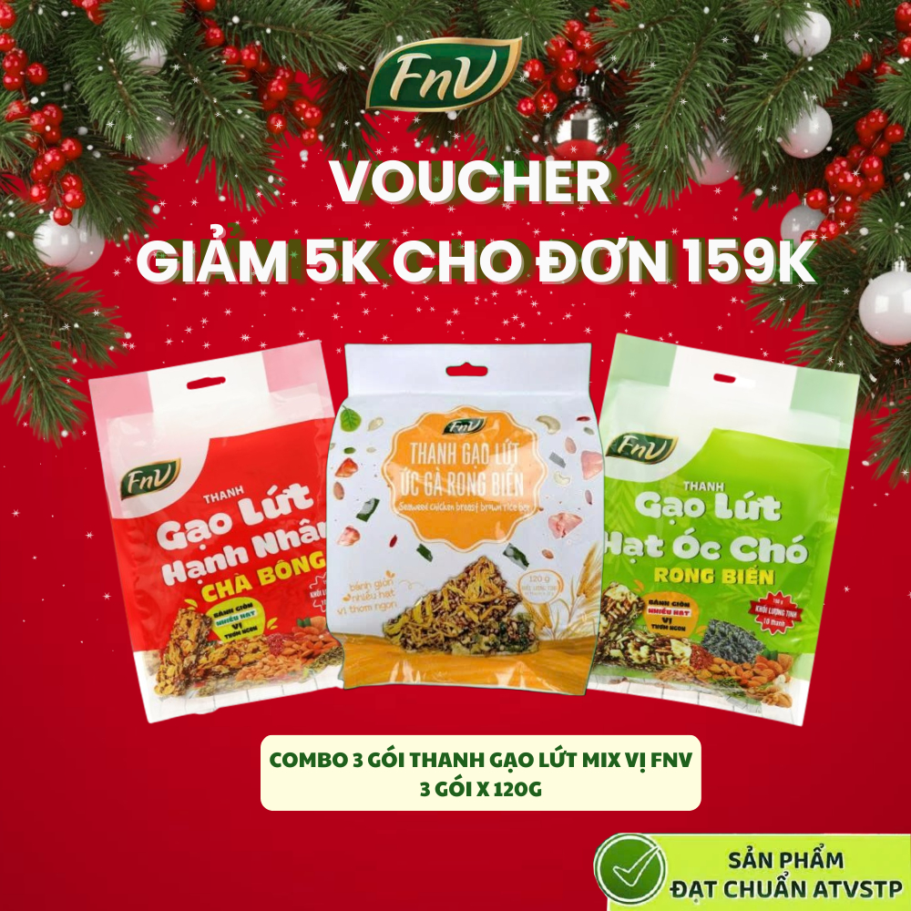  Combo 3 gói thanh gạo lứt mix vị ăn vặt không đường ít calo FNV 3 gói x 120g bánh hạt dinh dưỡng hỗ trợ giảm cân 