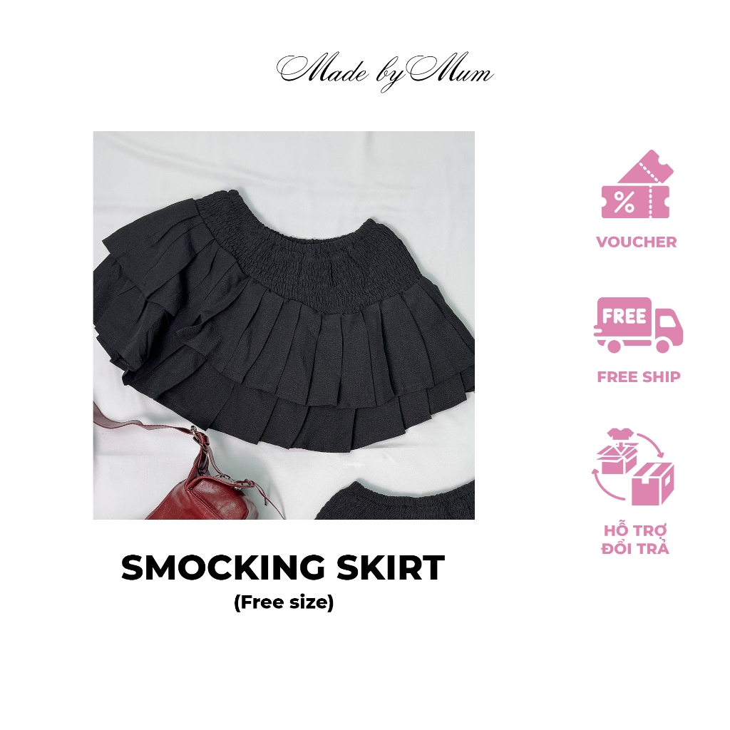 MADE BY MUM -  Smocking Skirt Chân Váy Ngắn Hai Tầng Dún Eo Màu Đen