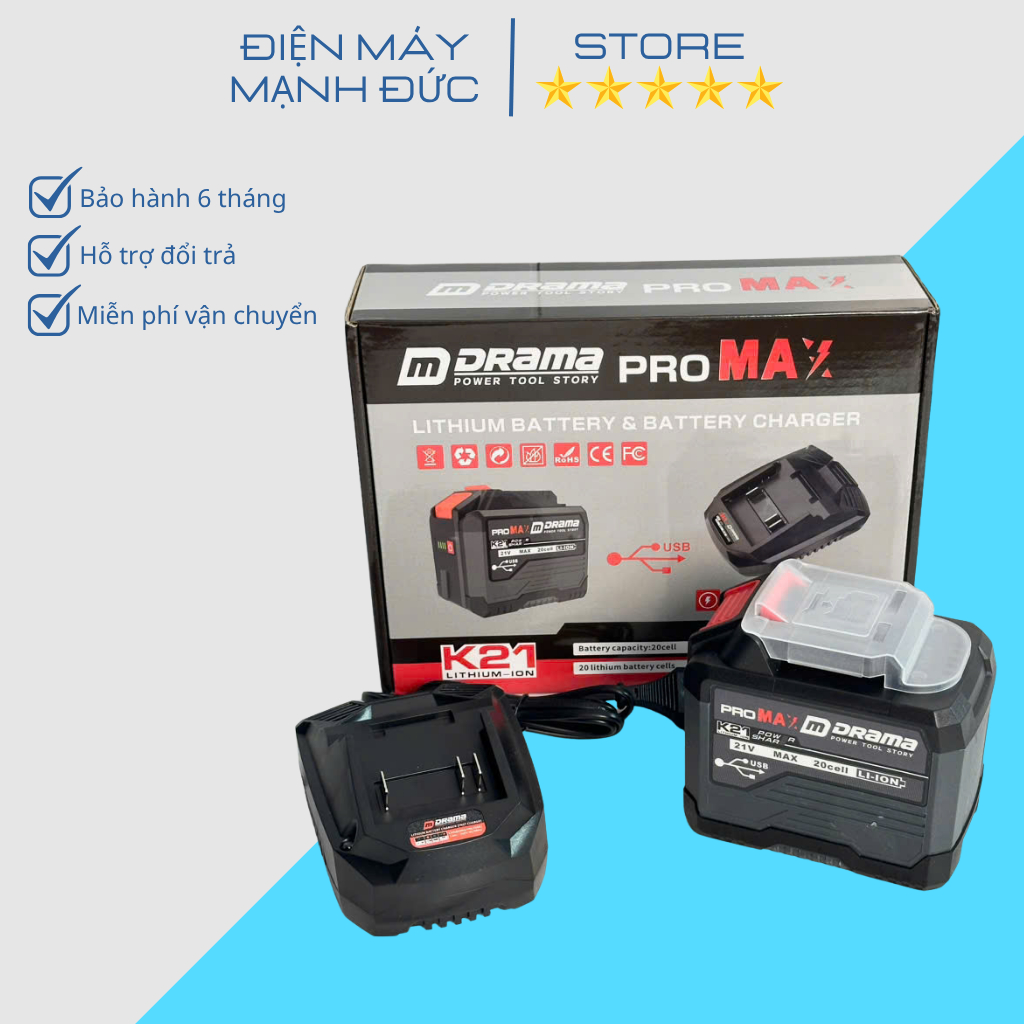 Combo Pin Sạc Drama 20 Cell Có Cổng USB 4Fet - Sạc Nhanh, Chân Pin Phổ Thông, Có Đèn Led Báo Pin