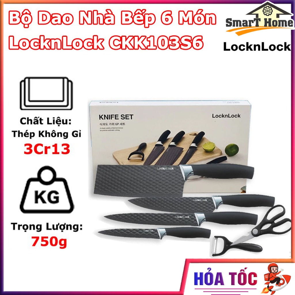 Bộ Dao Kéo 6 Món Chính Hãng LocknLock CKK103S6 Lưỡi Dụng Cụ Bào Được Làm Bằng Sứ, Lưỡi Dao Được Bọc 