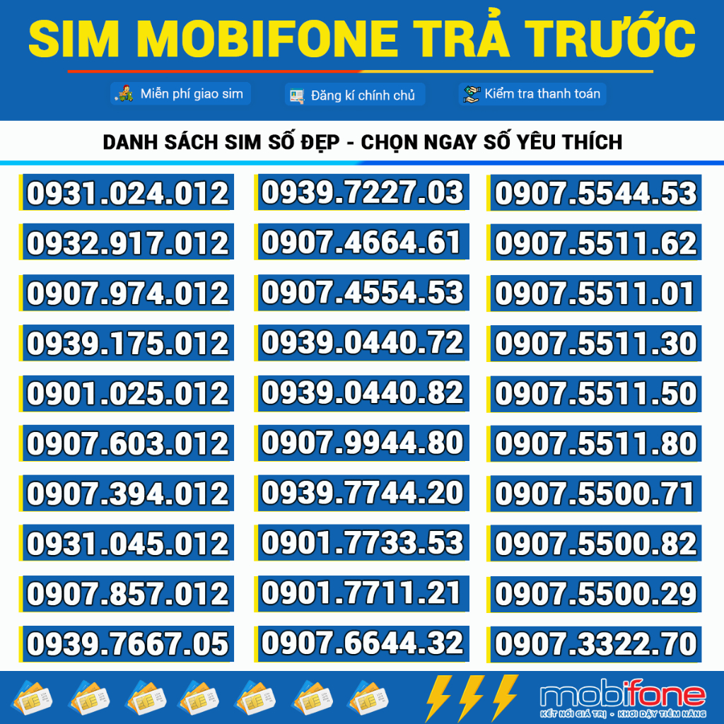 Sim số đẹp Mobifone trả trước đầu 0939 - 0907- 0932