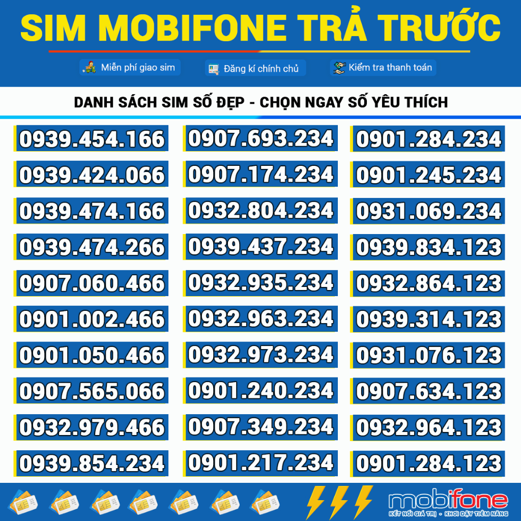 Sim số đẹp mobifone trả trước dễ nhớ đầu số 09